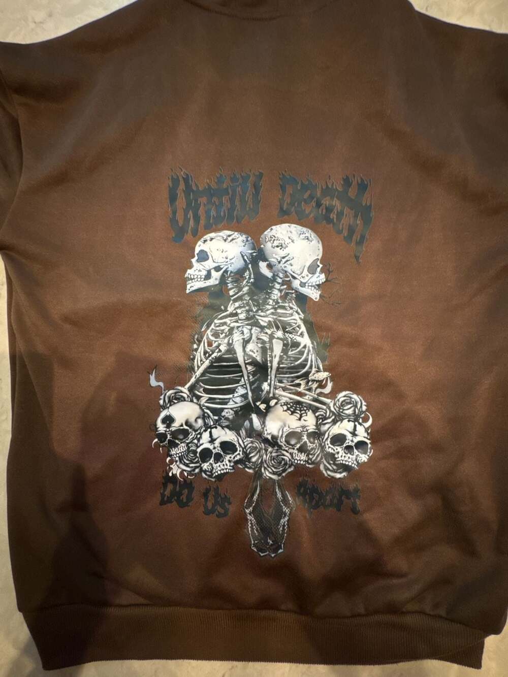 ROMWE Until Death Do Us Part Skeleton Hoodie Size XS Brown